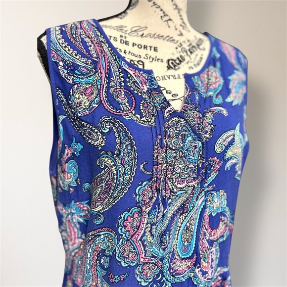 Talbots 16P Blue Paisley Maxi Dress Sleeveless V-Neck Flowy Boho Resort Travel - Picture 2 of 7